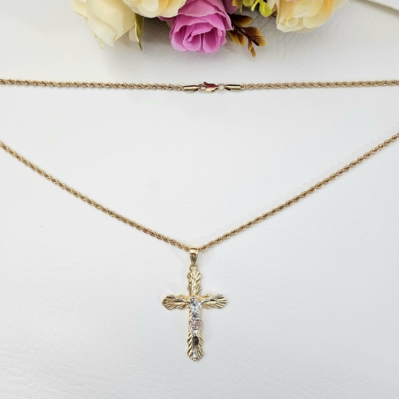 Diamond Cut Large Cross Crucifix Gold Plated Necklace - Picture 2 of 4